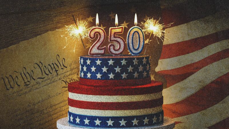 An American flag-themed birthday cake with "250" candles, against an American flag and the U.S. Constitution. | Illustration: Midjourney/Jixue Yang/Dreamstime