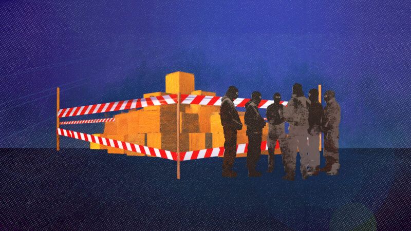 A pile of boxes marked off with caution tape. A group of law enforcement officers stand next to it. | Illustration: Adani Samat