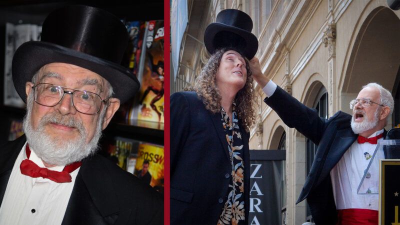 An image split vertically, with the left image a photograph of Dr. Demento in his top hat and red bowtie, and the right image is Dr. Demento in the same outfit, but placing the top hat on Weird Al Yankovic's head. | Illustration: Everett Collection/IM RUYMEN/UPI/Newscom
