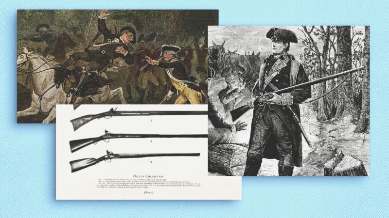 A collage of images related to the American Revolution depicting the use of long rifles | Album / Prisma/Newscom/Library of Congress/