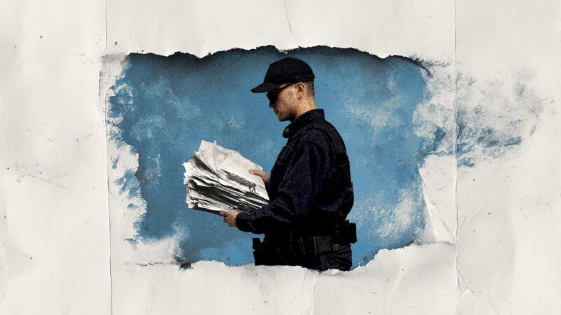 An Immigration and Customs Enforcement (ICE) agent looks through papers. | Illustration: Midjourney