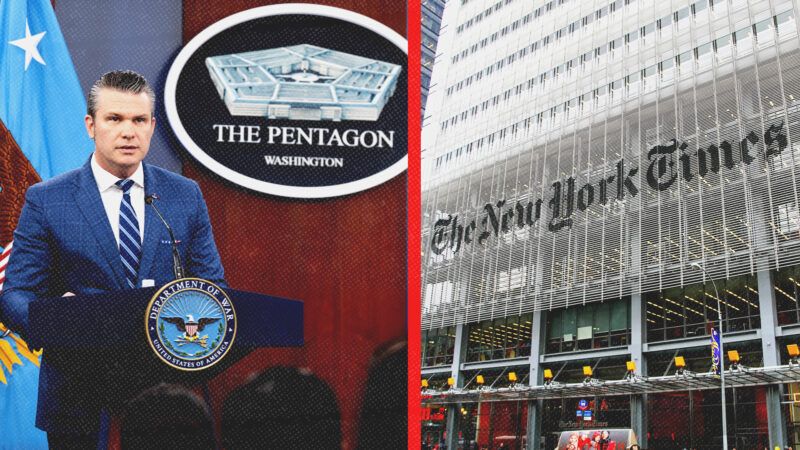 Pete Hegseth standing behind the podium at a Pentagon briefing on the left, The New York Times office on the right | Polaris/Newscom/Gabriel Robledo/Dreamstime