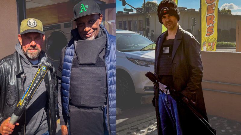 In two separate photos, split down the middle, the left photo has a man in a leather jacket holding a baseball bat, and another man is wearing body armor and a baseball hat, while in the photo on the right stands a man wearing body armor, a long black jacket, and a holstered sword. | Christian Britschgi