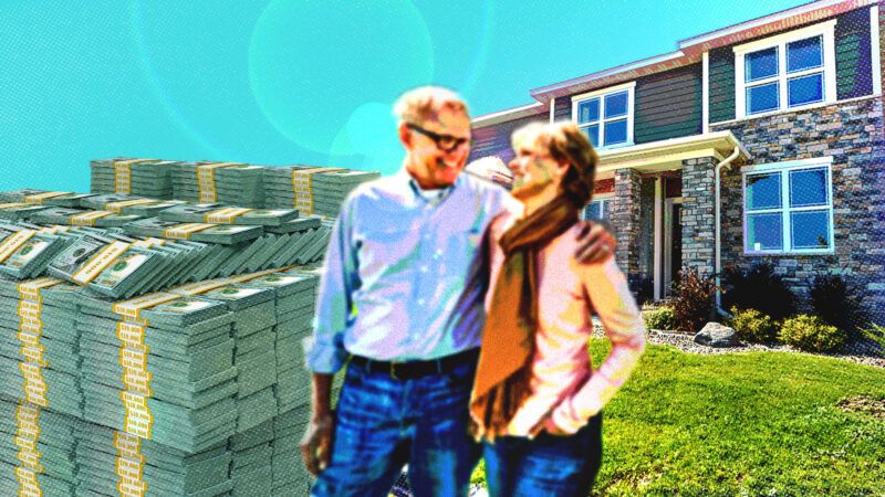 A picture of a house, stack of cash, and senior citizen couple | Illustration: Adani Samat. Photo: Yuri Arcurs/Dreamstime