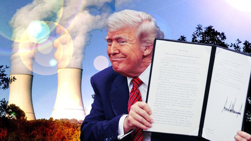 Donald Trump holding up an executive order with nuclear cooling towers in the background | Illustration: Adani Samat. Photo: Sylvie Pabion/Dreamstime/Sipa USA/Newscom