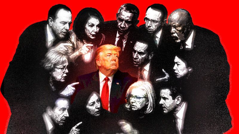 An illustration of Donald Trump surrounded by some of his critics, such as Barack Obama, Nancy Pelosi, Liz Cheney, and Adam Schiff | Illustration: Adani Samat/ChatGPT