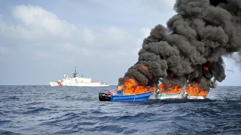 a suspected drug boat burning after it was attacked by the U.S. military | U.S. Southern Command