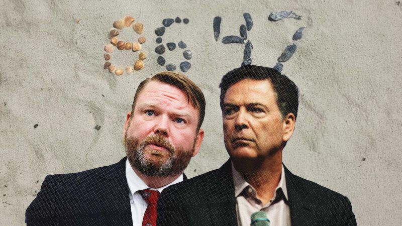 U.S. Attorney W. Ellis Boyle and former FBI Director James Comey against a backdrop of seashells in the shape of "86 47" | Max Oden/Sipa USA/than Hyman/TNS/Newscom/James Comey/Instagram