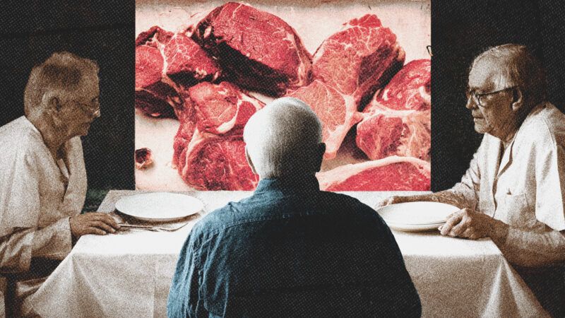 Elderly people sit around a table with empty plates, in front of a picture of meat. | Illustration: Midjourney