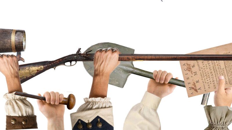 An illustration of hands holding tools such as a rifle and a shovel | Illustration: Joanna Andreasson; Source images: iStock, Wikimedia