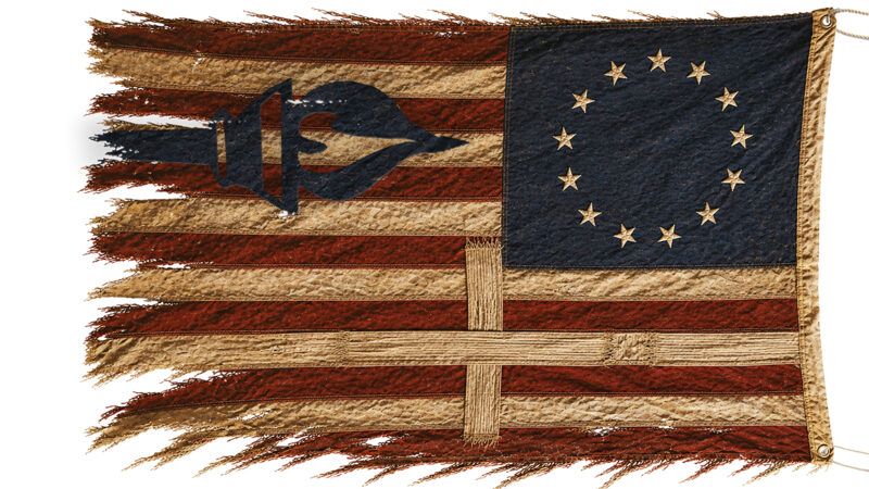 An illustration of an early American flag with a torch and a cross | Illustration: Joanna Andreason; Source images: iStock