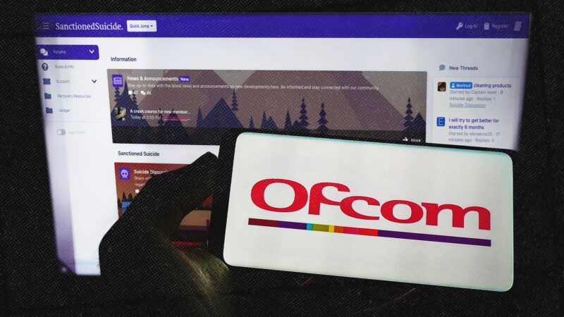 A hand holds a phone with the Ofcom logo on it, in front of a computer monitor open to the Sanctioned Suicide webpage. | Illustration: Timon Schneider/Dreamstime/Sanctioned Suicide