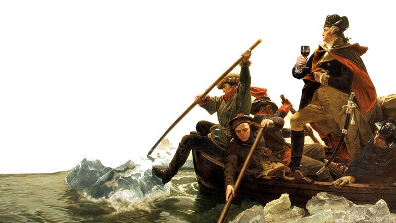 George Washington crossing the Delaware holding a wine glass | Illustration: Joanna Andreasson; Source image: Washington Crossing the Delaware; Emanuel Leutze/Wikimedia