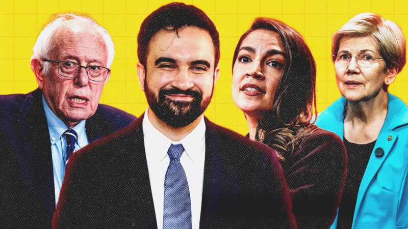 Bernie Sanders, Zohran Mamdani, Alexandria Ocasio-Cortez, and Elizabeth Warren in front of a yellow backdrop | Picture Alliance/Luiz Rampelotto/EuropaNewswire/Newscom/Michael Brochstein/Sipa USA/Newscom/Nathan Posner/SOPA Images/Sipa USA/Newscom