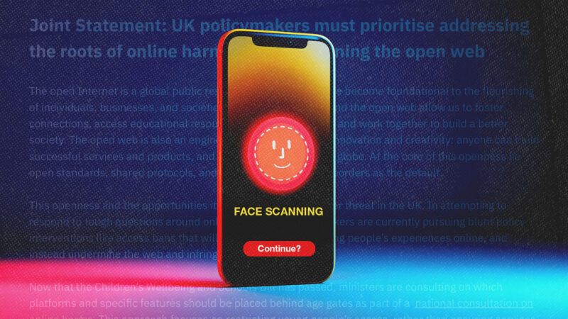 A cell phone with a facial scanning app | Illustration: Midjourney/Prykhodov/Dreamstime/Open Rights Group