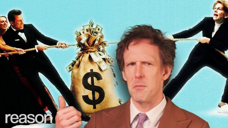 Andrew Heaton with wealthy people and Elizabeth Warren in a tug of war over a bag of money. | ReasonTV