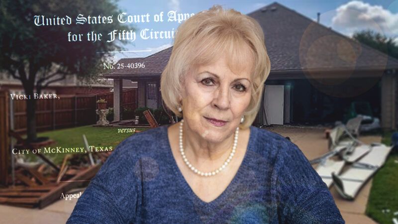 Vicki Baker is seen in front of her destroyed Texas house | Illustration: Adani Samat. Photo: Institute For Justice