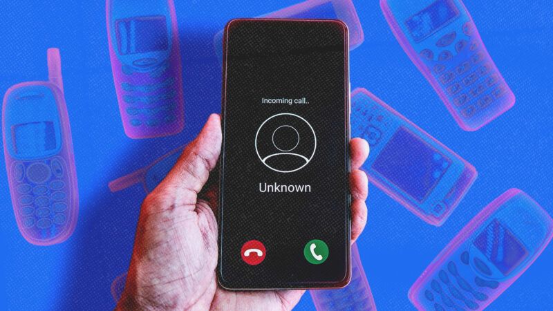 A hand holds a smartphone against a blue background with cellphone outlines | Mohdizzuanbinroslan/Envato/Rthanuthattaphong/Envato