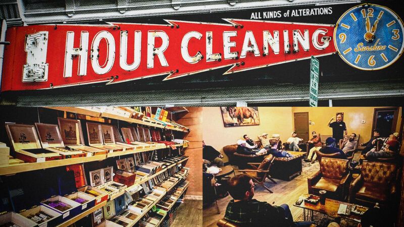 a one-hour dry cleaning storefront on the top, a cigar lounge on the bottom | Bison Head Cigar & Lounge/Jimmy Lewis/Flickr