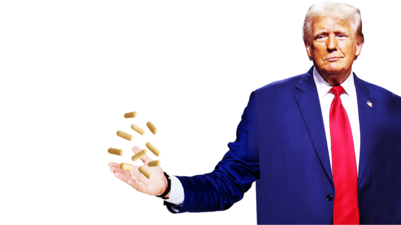 An illustration of Donald Trump throwing capsules in the air | Illustration: Joanna Andreasson; Source images: iStock, Wikimedia
