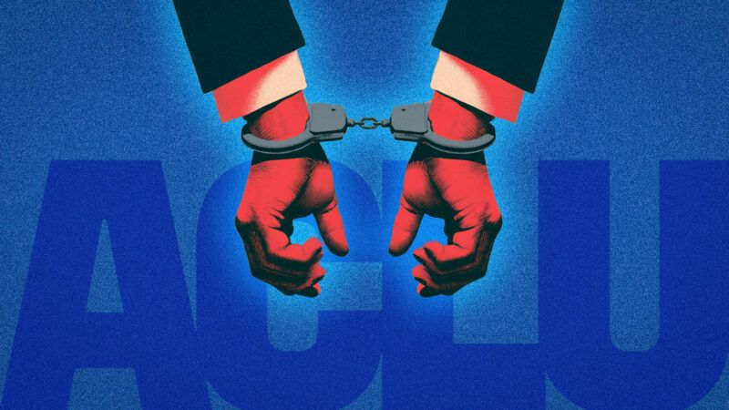 Handcuffed in front of the ACLU logo | Illustration: ACLU/Midjourney