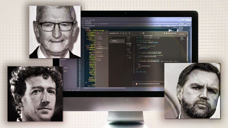 Photos of Tim Cook, Mark Zuckerberg, and J.D. Vance around a computer screen with code on it | IMAGO/Louis Grasse/PxImages/Newscommpi99/IMAGO/MediaPunch/Newscom/AdMedia/SIPA/Midjourney