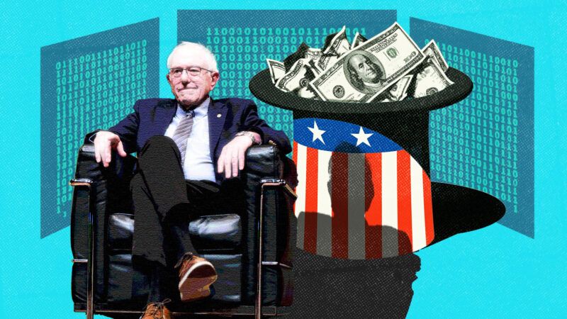 An illustration of Bernie Sanders alongside a top hat full of cash | Illustration: Elena Vizzoca/ZUMAPRESS/Newscom/Adani Samat/Midjourney