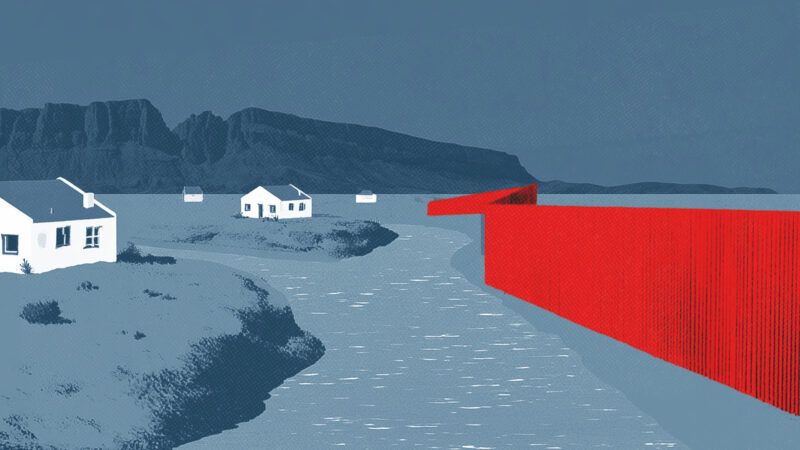 An illustration of a border town, with a wall highlighted in red | Adani Samat/Midjourney