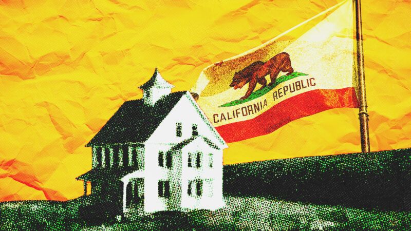 A house with the California state flag in the background | Illustration: Usataro/Elenavolf/Dreamstime/Midjourney