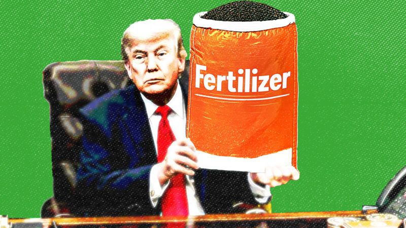 A sketch of Trump holding an orange bag labeled Fertilizer against a green background | Illustration: Adani Samat/The White House/Midjourney