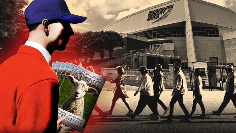 A man distributes leaflets about vegetarianism outside an arena | Adani Samat/Midjourney/Google Maps