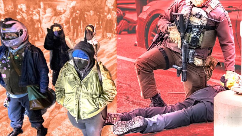 Two images side by side. In one, masked protesters march in Minneapolis, and in the other, a heavily armed law enforcement officer kneels next to a detained suspect who is on the ground. | Holden Smith/ZUMAPRESS/Newscom/Benjamin Hanson/MEI/SIPA