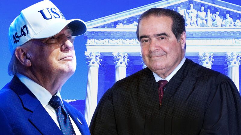 Donald Trump and Antonin Scalia in front of the Supreme Court building | Illustration: Adani Samat. Photo: Bonnie Cash - via CNP/Polaris/Newscom/Marielam1