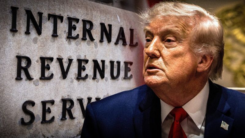 President Donald Trump against a backdrop of an IRS sign | Tom Williams/CQ Roll Call/Newscom/AdMedia/Mega/JGLIT