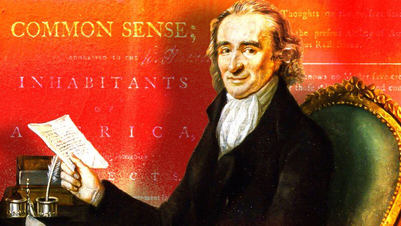 Thomas Paine against a red background with gold text from Common Sense | Illustration: Adani Samat/Laurent Dabos