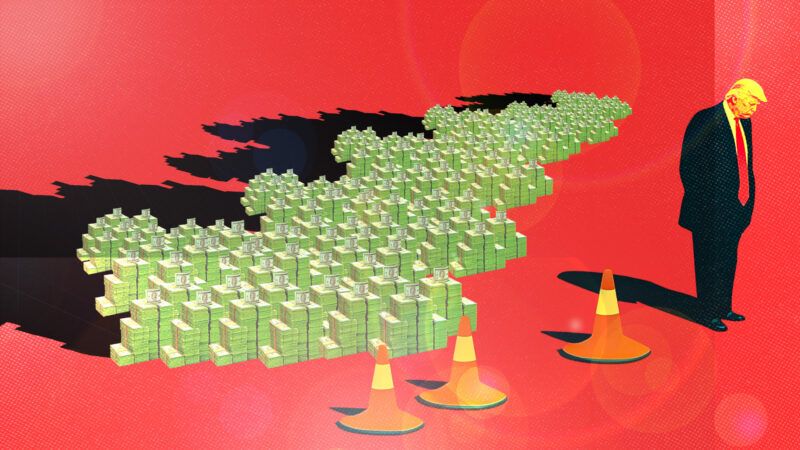 Traffic cones standing between President Donald Trump and a pile of money | Adani Samat/Midjourney