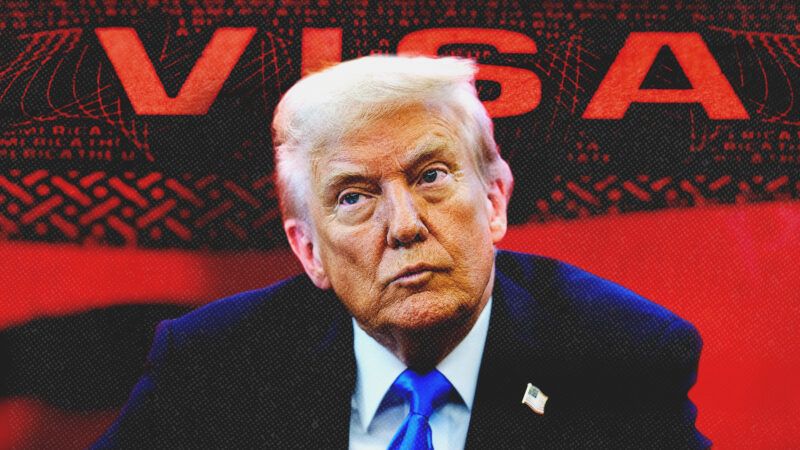 President Donald Trump against a red-tinted visa in the background | Dimarik16/Dreamstime/Aaron Schwartz/Pool via CNP/Mega/RSSIL/Newscom
