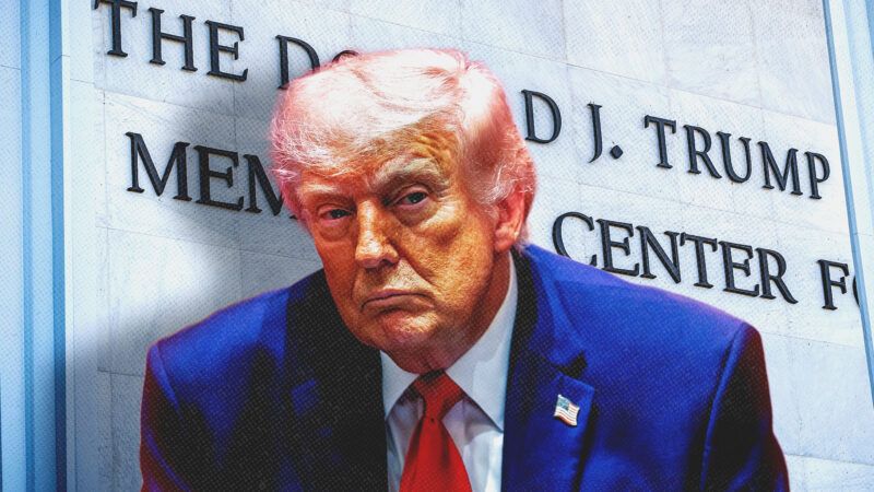 President Donald Trump in front of a sign for the renamed Kennedy Center | AdMedia/Mega/JGLIT/Matt Kaminsky/Zuma Press/Newscom