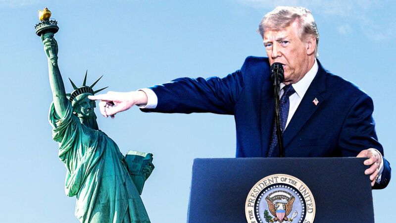 Donald Trump pointing to the Statue of Liberty | Anthony Behar/Sipa USA/Newscom/Dietmar Rabich