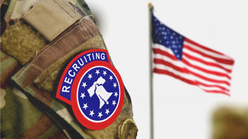 A U.S. Army uniform with a Recruiting patch on the shoulder, with an American flag in the distance. | Illustration: Bumbleedee/Dreamstime/United States Army
