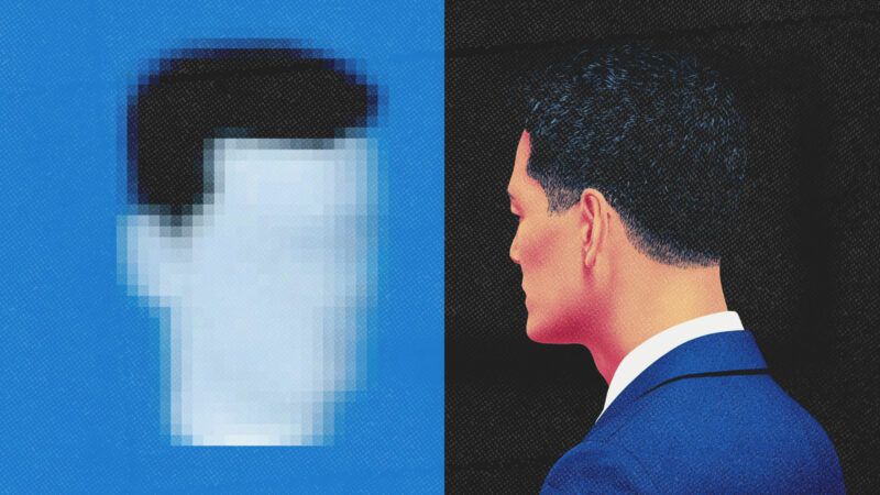 A man faces a grainy picture of himself, signifying AI facial recognition. | Illustration: Midjourney