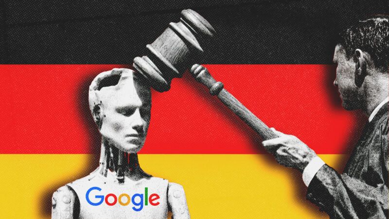 A judge hits a robot with the Google logo on the head with a gavel, against the backdrop of the German flag. | Illustration: Midjourney/Claudiodivizia/Dreamstime/Google