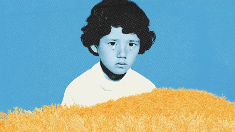 A child tinted blue against a blue background with golden rice at the bottom of the image | Midjourney