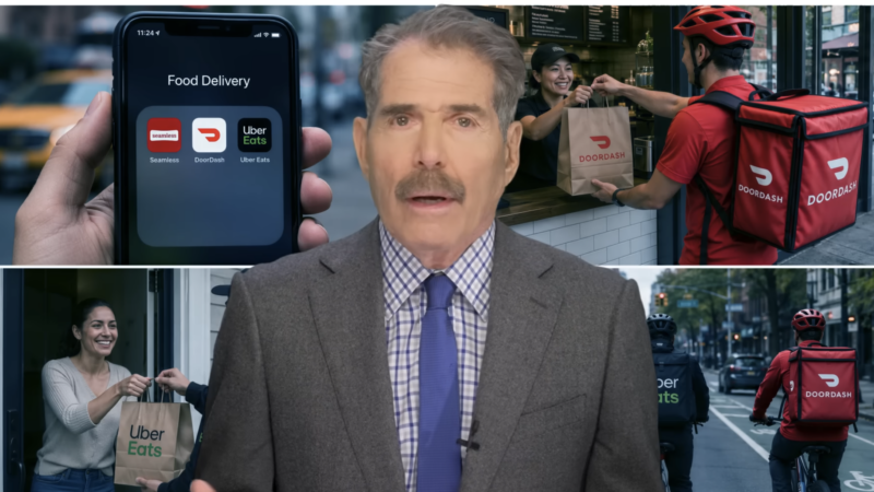 John Stossel is seen surrounded by photos of app-based workers | Stossel TV