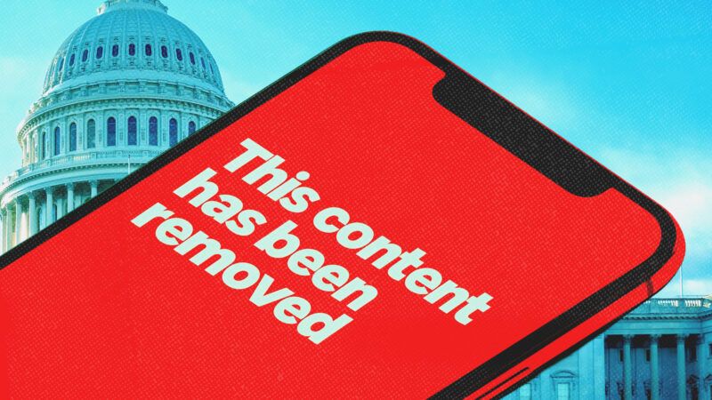A cellphone with the message "this content has been removed," against a backdrop of the U.S. Capitol | Akophotography/Envato/Midjourney