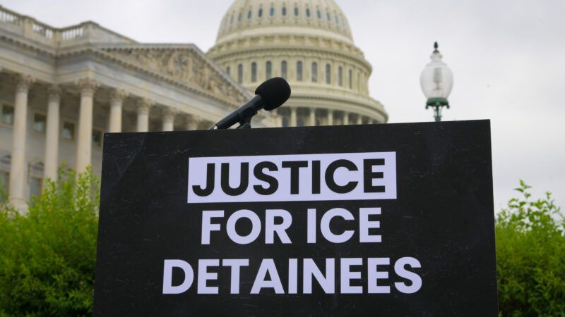 A press podium that says 'Justice for ICE detainees' | Lenin Nolly/Sipa USA/Newscom