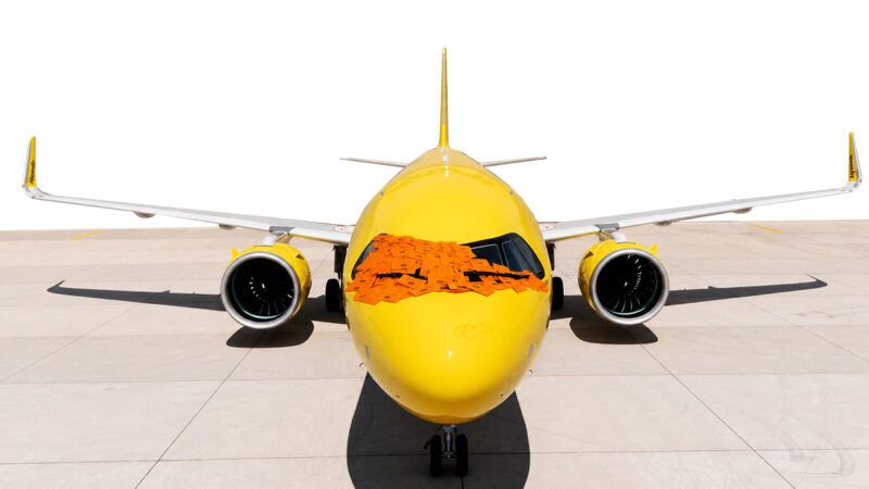 A yellow Spirit Airlines plane | Illustration: Joanna Andreasson; Source images: iStock, Wikimedia