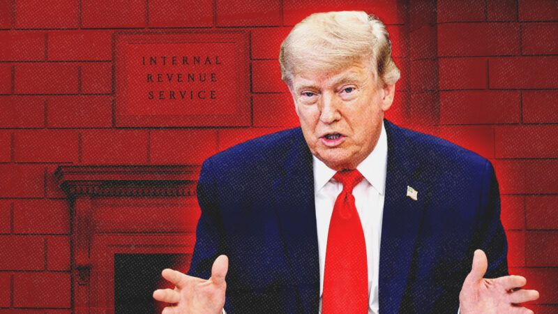 President Donald Trump against a backdrop of the IRS building | Natalia Bratslavsky/Dreamstime/Jim Lo Scalzo/UPI/Newscom