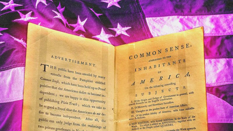 Common Sense by Thomas Paine in front of a US flag. | Illustration: Joyofmuseums/Wikimedia Commons/rawf8/Envato