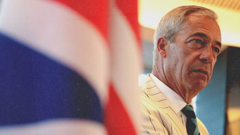 A United Kingdom flag in the foreground, Nigel Farage in the background | Mattie Neretin/Sipa USA/Newscom
